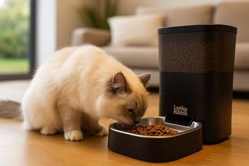 Kat eet Lucky Kibble droogvoer uit automatische voerbak in moderne woonkamer.